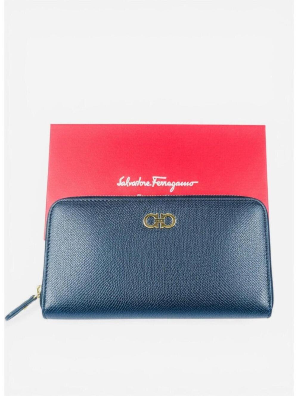 Salvatore Ferragamo Gancini Zip-Around Wallet Navy Leather Gold | New